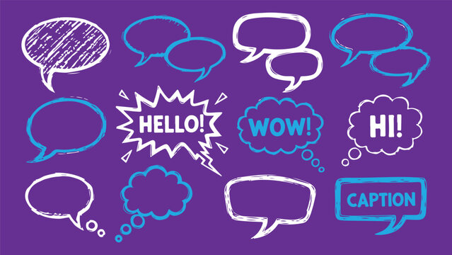 Set of hand drawn chalk design elements on a blackboard background. Includes lines, arrows, numbers, shapes, speech bubbles