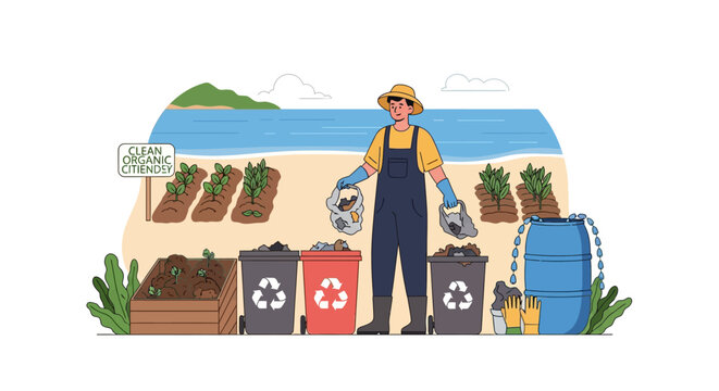 Farmer with Recycling Bins and Crops on Beach.