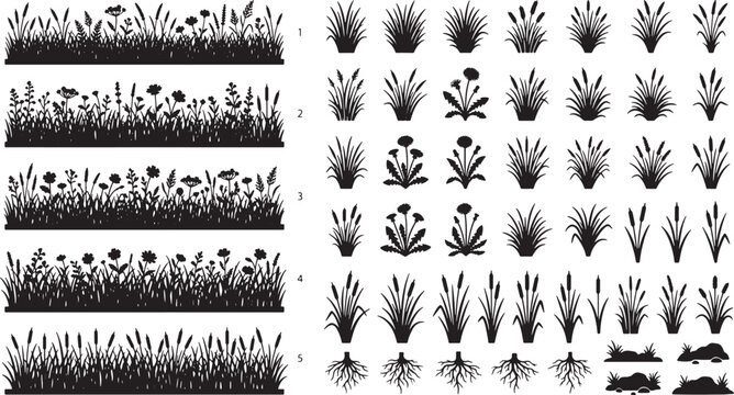 Grass and wildflower silhouettes collection with meadow borders and individual plant elements in flat vector graphic style