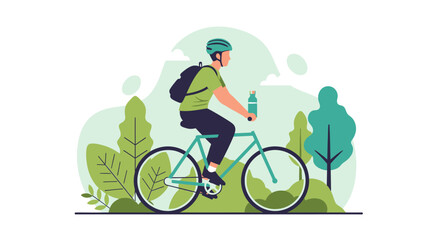 Fototapeta premium Man riding a bicycle outdoors with trees and plants.