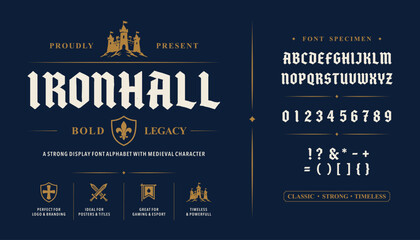 Ironhall Medieval display font alphabet with bold gothic character and heraldic icons for premium branding © 777SKYLABS