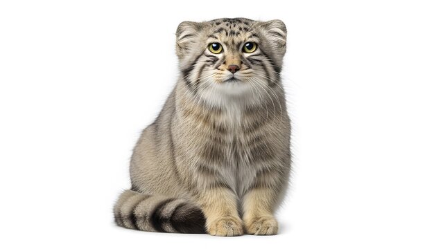 Pallas cat with fluffy grey fur and striking yellow eyes sitting on a white background