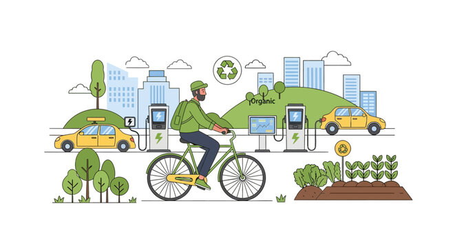Man riding bicycle in eco-friendly city with electric cars and charging stations.