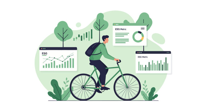 Man riding bicycle with financial charts and graphs.