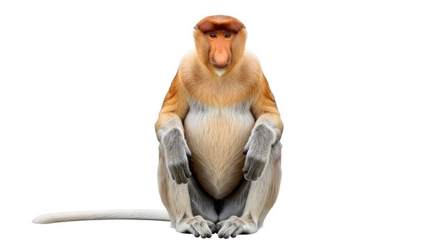 Proboscis Monkey Sitting Front View With Large Nose And Orange Fur Isolated On White Background