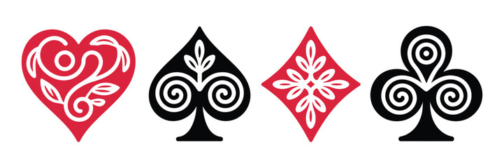 Fototapeta premium Playing card suits, elegant decorative symbols with floral ornament patterns in hearts, spades, diamonds, and clubs for casino branding, poker tables, and premium gambling design elements.