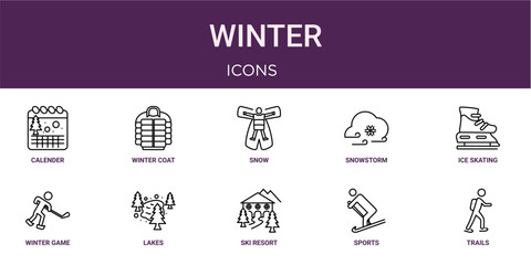 Naklejka premium Set of 10 thin line Winter icons for dashboards, websites and mobile app layouts. Editable outline vector pack featuring calender, snow, ice skating, lakes and trails.