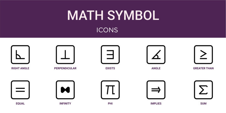 Set of 10 thin line Math Symbol icons for dashboards, websites and mobile app layouts. Editable outline vector pack featuring right angle, exists, greater than or equal to, infinity and sum of.
