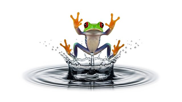 Red-Eyed Tree Frog Jumping Out of Water Splash with White Background (813