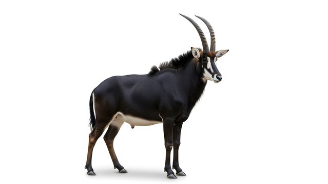 Sable Antelope with Impressive Curved Horns and Dark Coat on White Background Keywords: sable