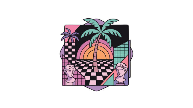 Vaporwave aesthetic scene with palm trees and Greek statues.