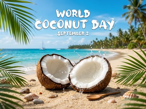 Celebrate world coconut day on september second with tropical beach and fresh coconuts scene