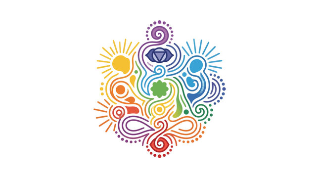 Yoga figure silhouette with colorful chakra symbols.