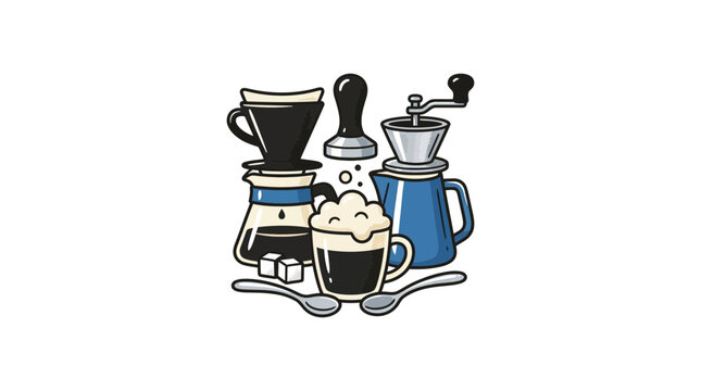 Manual coffee brewing equipment set on white background.