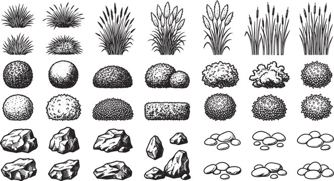 Hand drawn landscape elements set with grass bushes and rocks for map design and architectural site plans