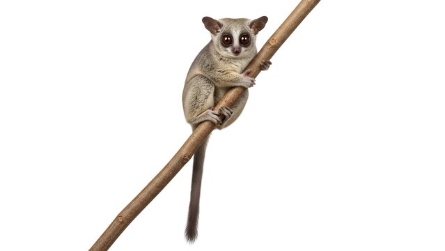 Small Bushbaby with Large Round Eyes Clinging to a Thin Branch Against White galago