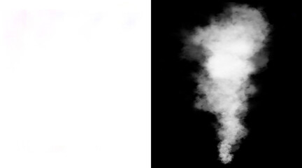 Naklejka premium Atmospheric white smoke plume on black background, ethereal steam cloud texture, realistic fog and mist overlay for creative compositing and design