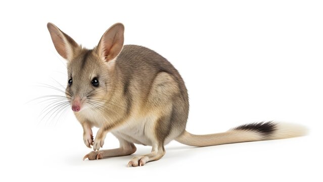 Small marsupial bilby with large ears and striped fur sits on a white background