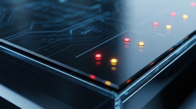 Cybersecurity alert indicators on dark glass control surface for threat monitoring technology background with copy space