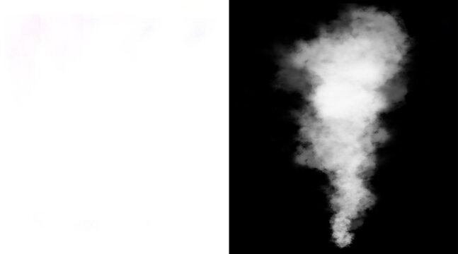 Atmospheric white smoke plume on black background, ethereal steam cloud texture, realistic fog and mist overlay for creative compositing and design