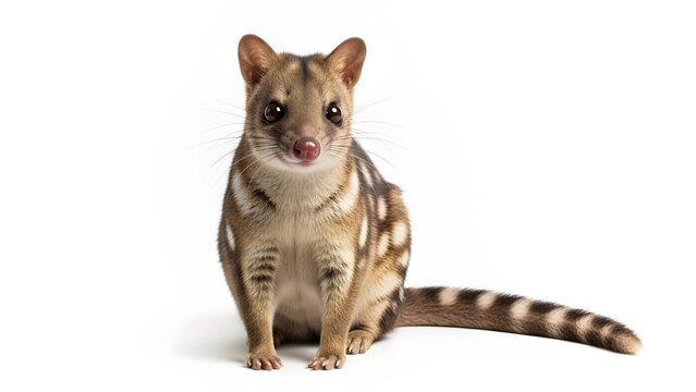 Small spotted genet sitting upright with large dark eyes and striped tail on white