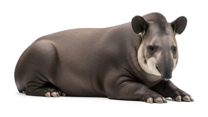 Obraz premium South American Tapir Lying Down on White Background with Detailed Fur Texture animal