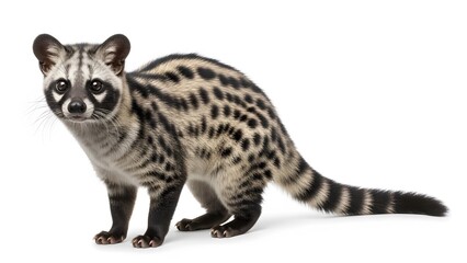 Naklejka premium Spotted genet cat with striped tail and distinctive facial markings on white background