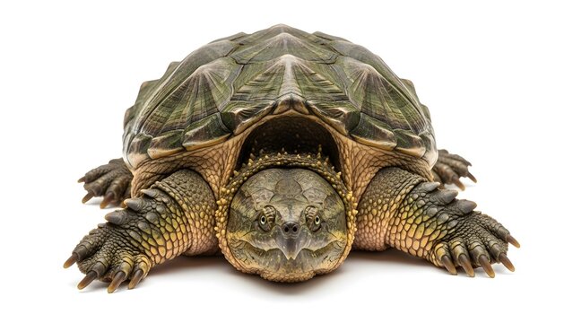 Snapping turtle with rough shell and sharp claws facing forward on a white background