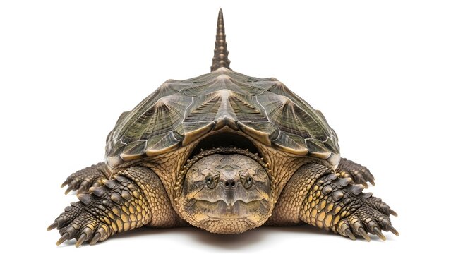 Snapping turtle with spiky shell and claws facing forward on white background Keywords: snapping
