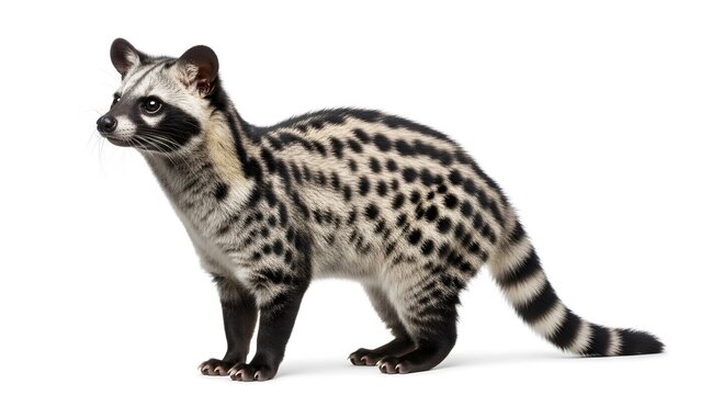 Spotted genet animal with black stripes on tail and body looking to the side Keywords: genet