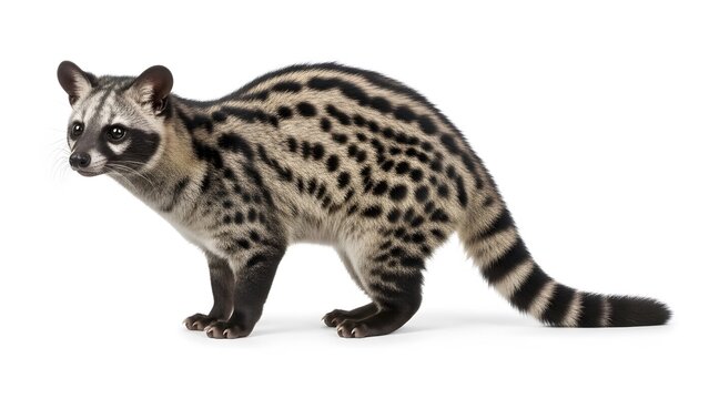 Spotted genet animal with black stripes on tail and body standing on white background