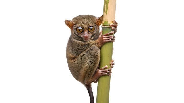 Tarsier Monkey With Large Eyes Clinging To A Green Bamboo Stalk Isolated stock