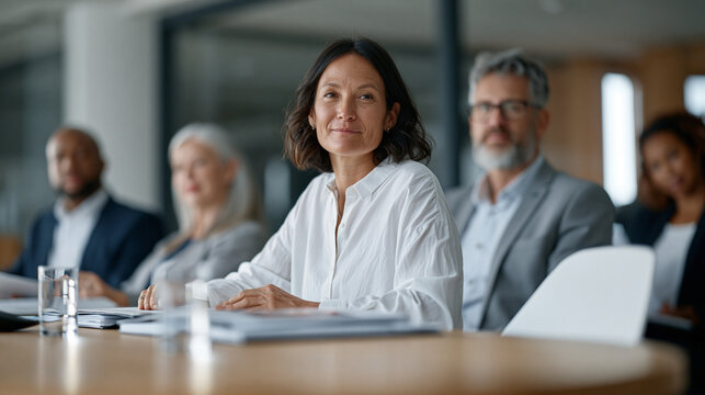 Nonprofit board members seated around oval conference table reviewing printed governance policy binders, executive director presenting fiduciary duty slide to volunteer directors