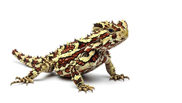 Thorny Devil Lizard with Spiky Scales and Camouflaged Pattern on White Background