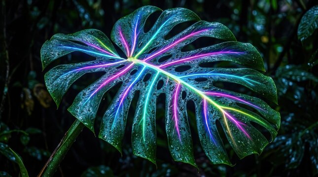 Neon glowing monstera leaf with vibrant electric veins in dark tropical jungle, futuristic botanical art concept for modern interior design and digital background wallpaper