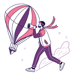 Obraz premium Creative Adventure Illustration of a Man Flying with a Hot Air Balloon Telescope