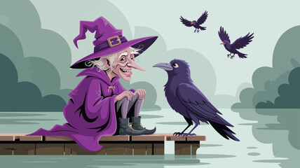 Obraz premium Old sorceress with a long nose sitting on a pier talking to a large raven bird