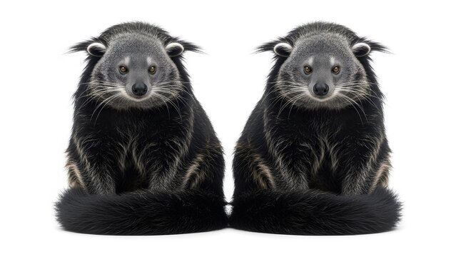 Two Binturongs Sitting Facing Forward With Bushy Tails Curled Around Them On White