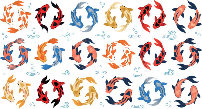 Artistic Japanese koi fish vector bundle featuring pairs of colorful carp swimming in circles with water bubbles isolated on white background