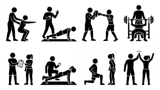 Fitness and workout icons depicting personal training exercise and sports activities vector illustration for health and wellness concepts