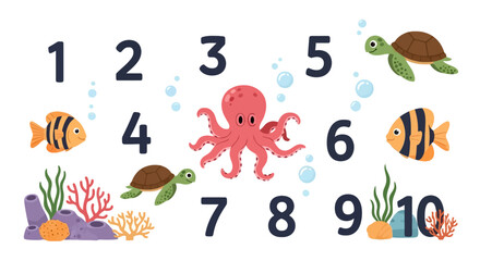Marine life numbers one to ten with octopus and sea turtles © bella