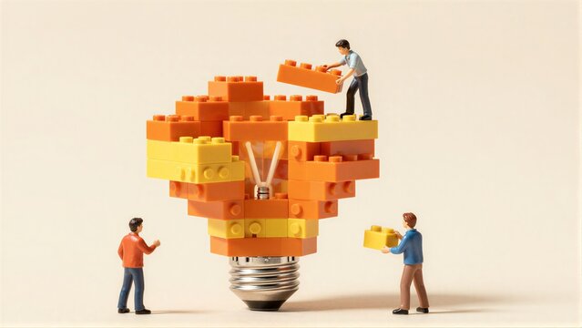 Mini figures build a lightbulb from LEGO blocks, symbolizing creativity and innovation.