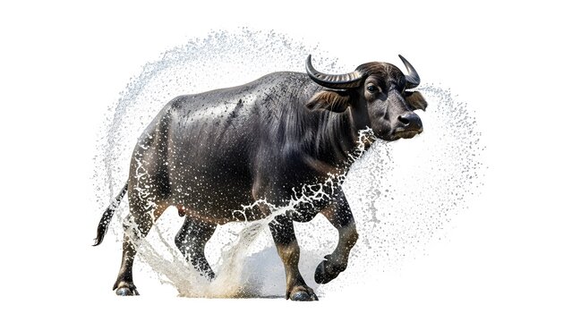 Water Buffalo Charging Through Water With Dynamic Splash And Spray Isolated On White