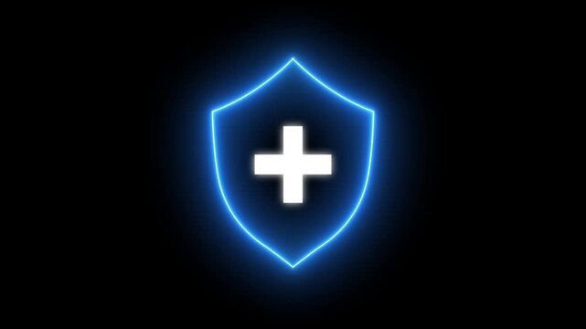 Glowing neon line shield with plus icon animation representing healthcare protection. Medical shield with a plus sign icon, red shield with a central plus sign, representing vital status