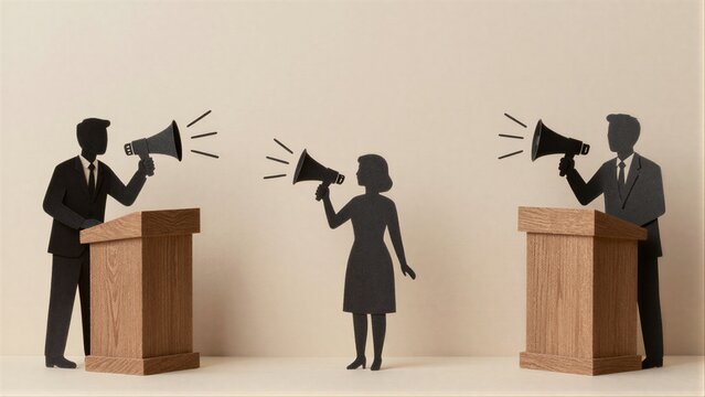 Three figures use megaphones at podiums, symbolizing public speaking or debate.