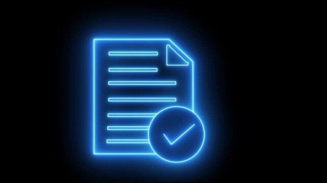 Neon checklist document icon. Check mark icon with text document icon. checklist and clipboard task documentation management with success, approved, right, tick mark icon. 4k
