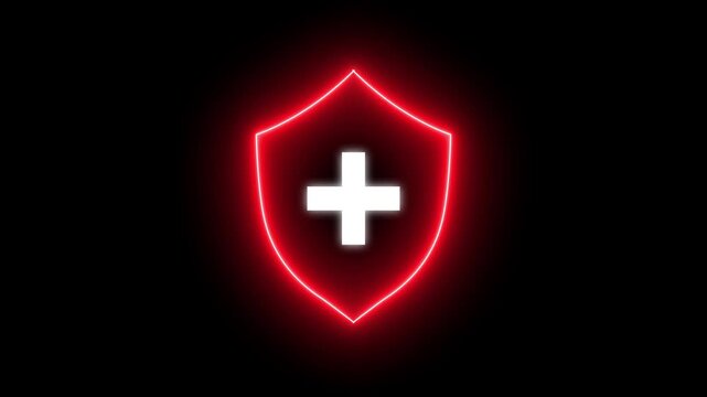 Glowing neon line shield with plus icon animation representing healthcare protection. Medical shield with a plus sign icon, red shield with a central plus sign, representing vital status