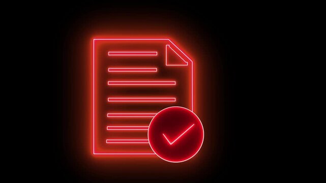 Neon checklist document icon. Check mark icon with text document icon. checklist and clipboard task documentation management with success, approved, right, tick mark icon. 4k