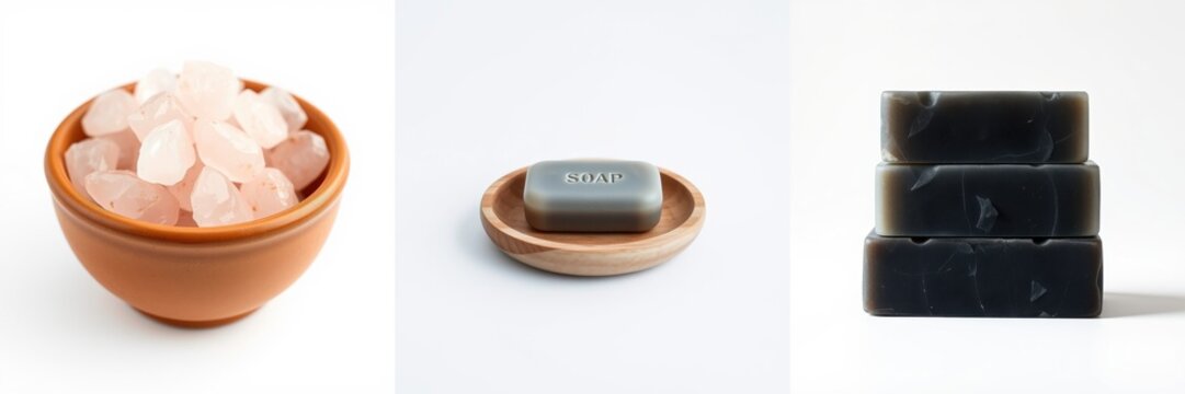 Minimalist product presentation. Pink salt crystals, soap on holder, dark soaps stacked. Clean aesthetic, neutral background, wellness items shown.