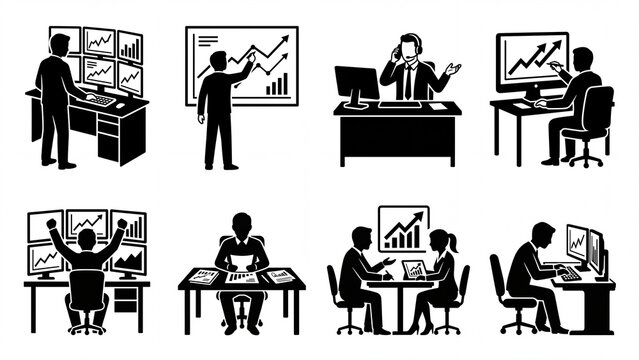 Business and finance icons depicting traders and office workers analyzing charts isolated on white background
